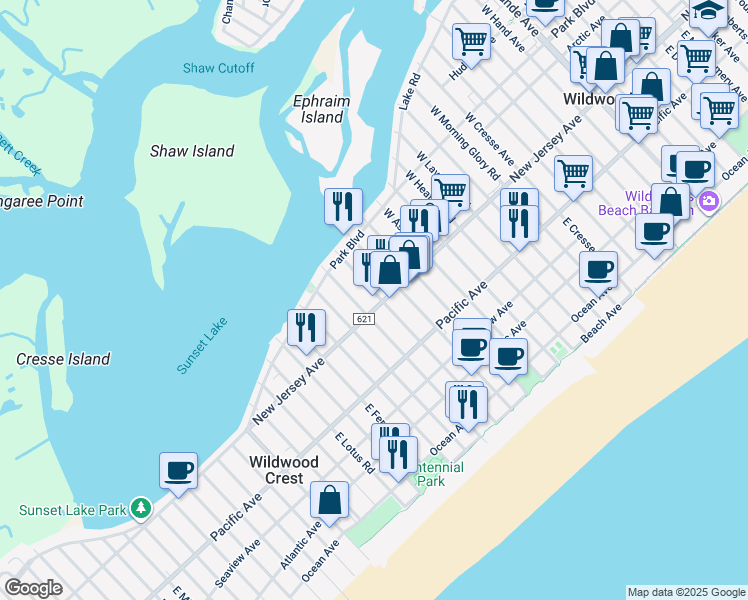 map of restaurants, bars, coffee shops, grocery stores, and more near 106 West Wisteria Road in Wildwood