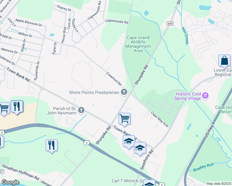 map of restaurants, bars, coffee shops, grocery stores, and more near 680 Crawford Road in Cape May