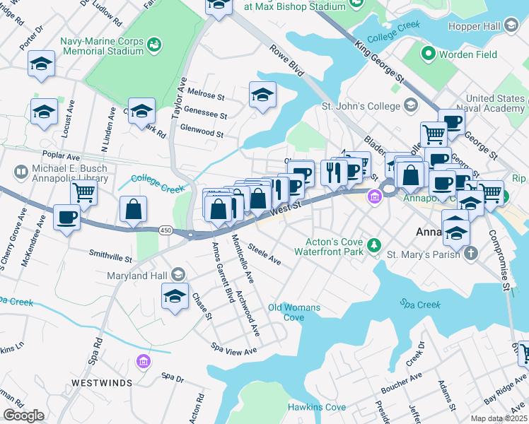 map of restaurants, bars, coffee shops, grocery stores, and more near 174 West Street in Annapolis