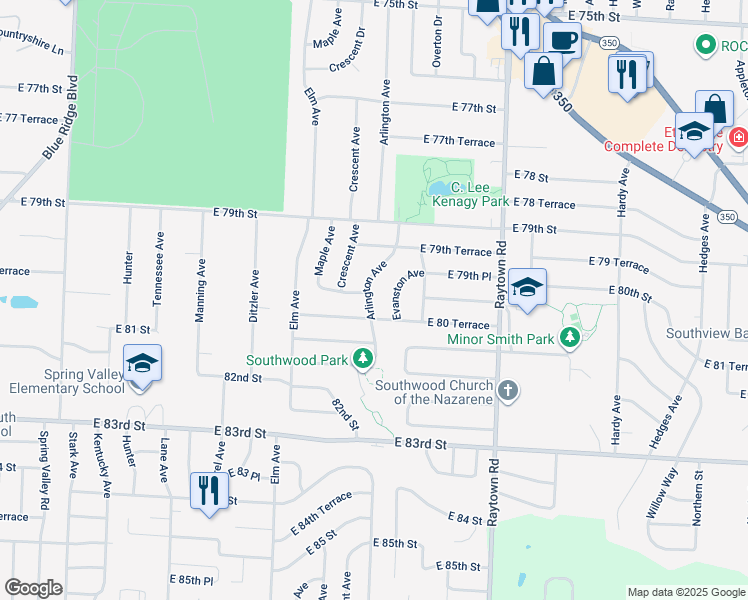 map of restaurants, bars, coffee shops, grocery stores, and more near 8003 Arlington Avenue in Raytown