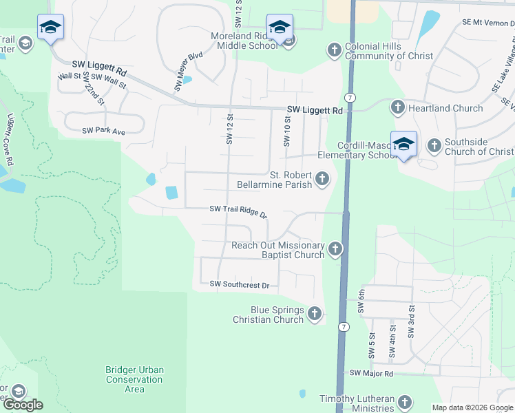 map of restaurants, bars, coffee shops, grocery stores, and more near 1137 Southwest Trail Ridge Drive in Blue Springs