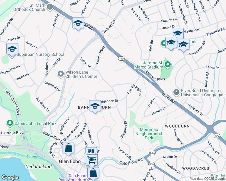map of restaurants, bars, coffee shops, grocery stores, and more near 9739 Brigadoon Drive in Bethesda