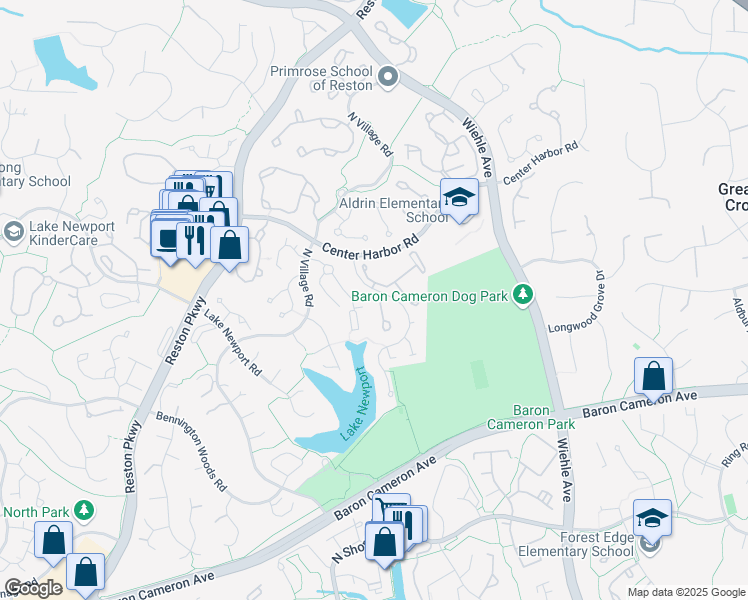 map of restaurants, bars, coffee shops, grocery stores, and more near 1400 Belcastle Court in Reston