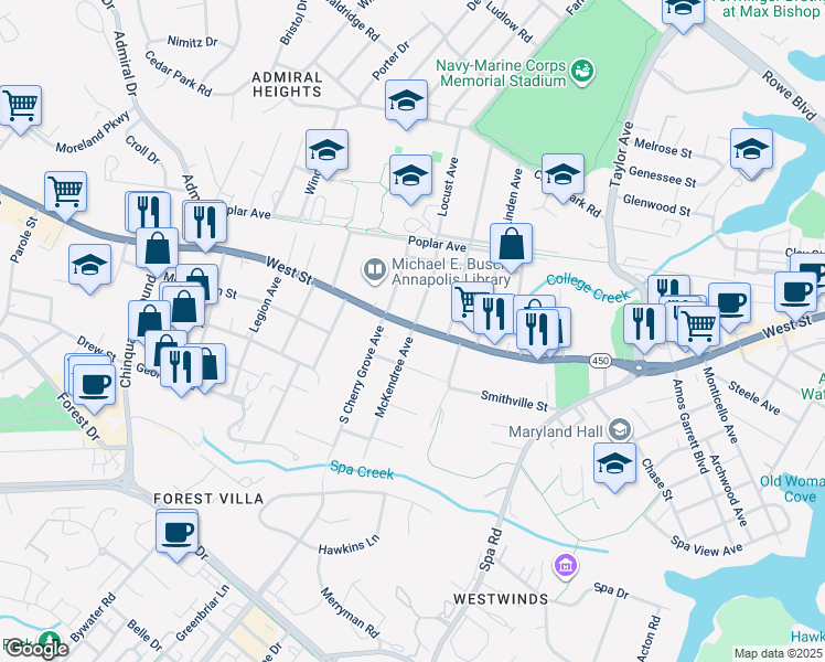 map of restaurants, bars, coffee shops, grocery stores, and more near 1303A West Street in Annapolis