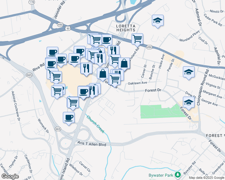 map of restaurants, bars, coffee shops, grocery stores, and more near 105 Old Solomons Island Road in Annapolis