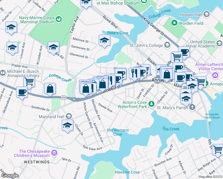 map of restaurants, bars, coffee shops, grocery stores, and more near 170 Annapolis Street in Annapolis