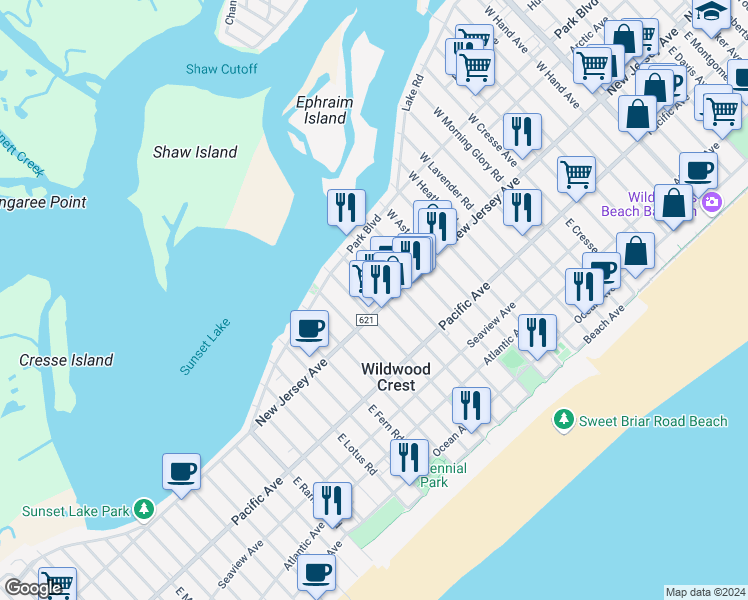 map of restaurants, bars, coffee shops, grocery stores, and more near 106 West Wisteria Road in Wildwood