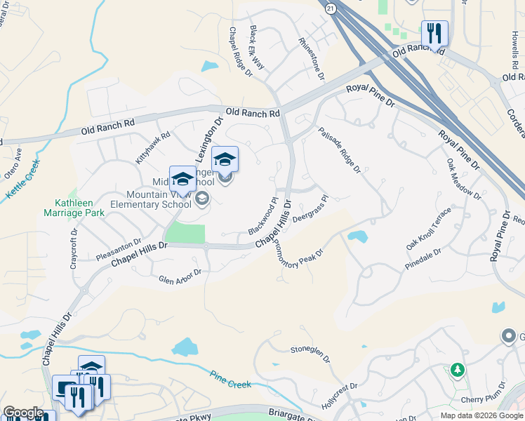 map of restaurants, bars, coffee shops, grocery stores, and more near 3070 Blackwood Place in Colorado Springs