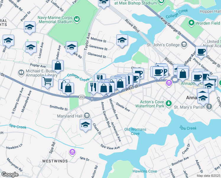 map of restaurants, bars, coffee shops, grocery stores, and more near 14 Jefferson Place in Annapolis
