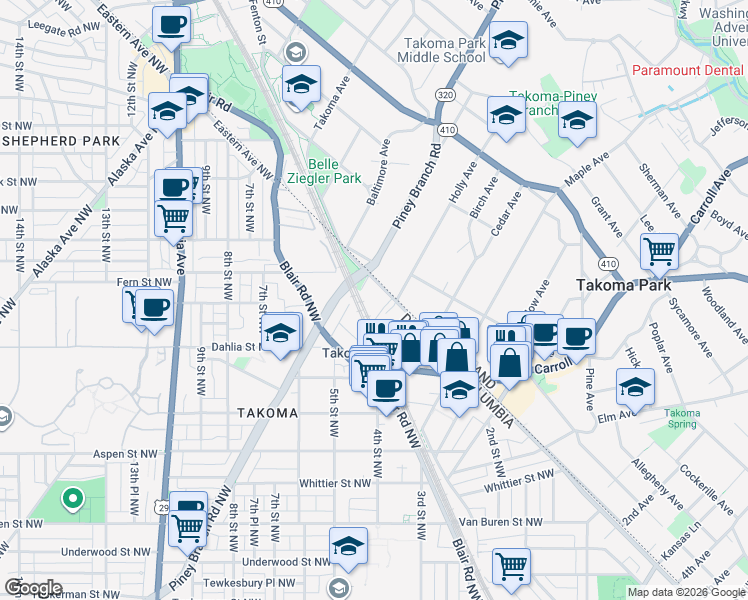 map of restaurants, bars, coffee shops, grocery stores, and more near 101 Independence Avenue Southeast in Washington