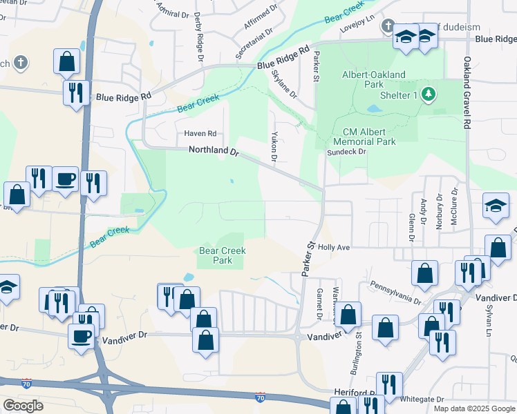 map of restaurants, bars, coffee shops, grocery stores, and more near 1601 Kittyhawk Drive in Columbia
