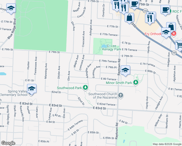 map of restaurants, bars, coffee shops, grocery stores, and more near 8003 Arlington Avenue in Raytown