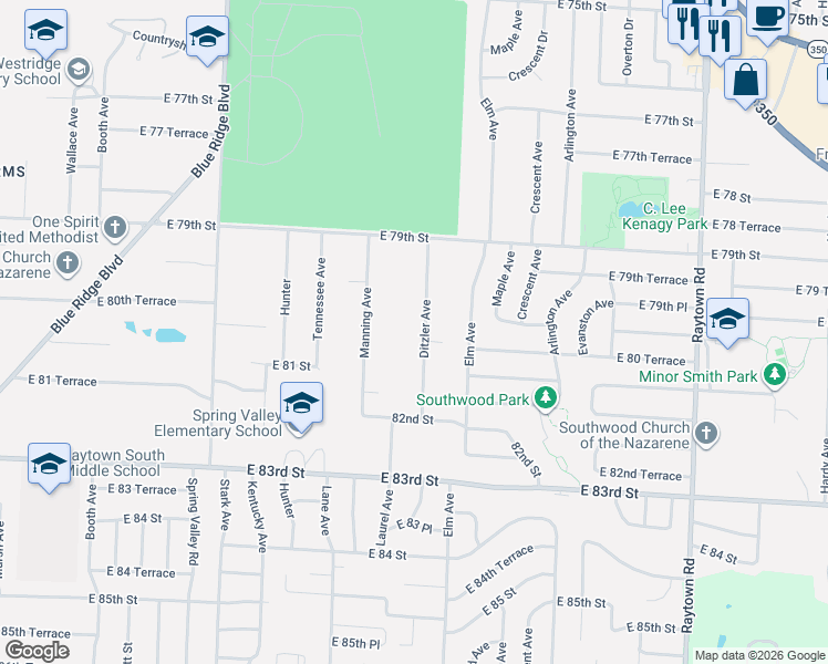 map of restaurants, bars, coffee shops, grocery stores, and more near 8016 Ditzler Avenue in Raytown