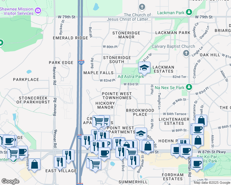 map of restaurants, bars, coffee shops, grocery stores, and more near 8350 Maurer Road in Lenexa