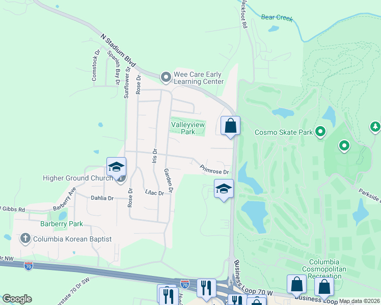 map of restaurants, bars, coffee shops, grocery stores, and more near 2301 Primrose Drive in Columbia