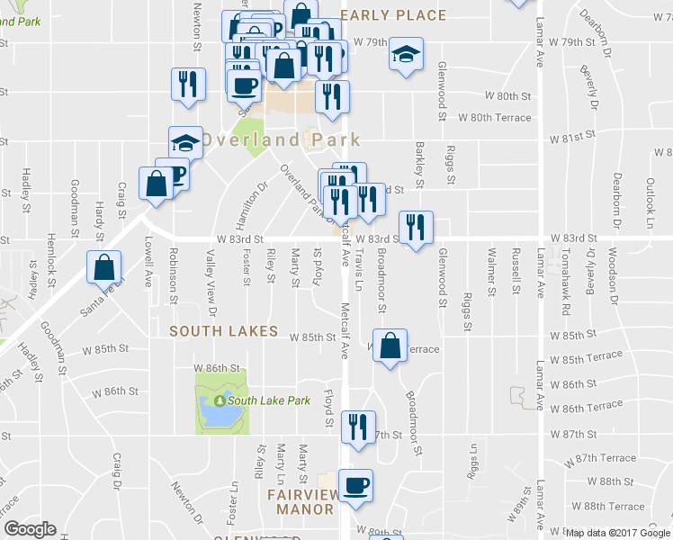 map of restaurants, bars, coffee shops, grocery stores, and more near 8346 Metcalf Ave in Overland Park