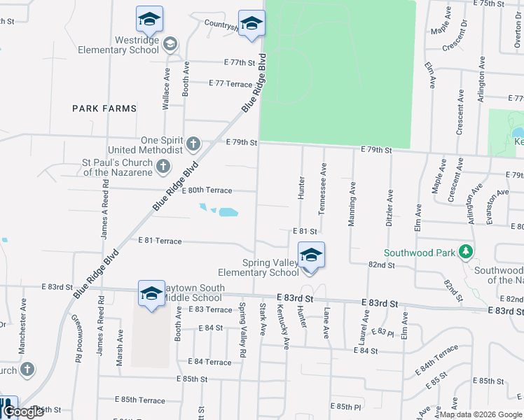 map of restaurants, bars, coffee shops, grocery stores, and more near 8015 Spring Valley Road in Raytown
