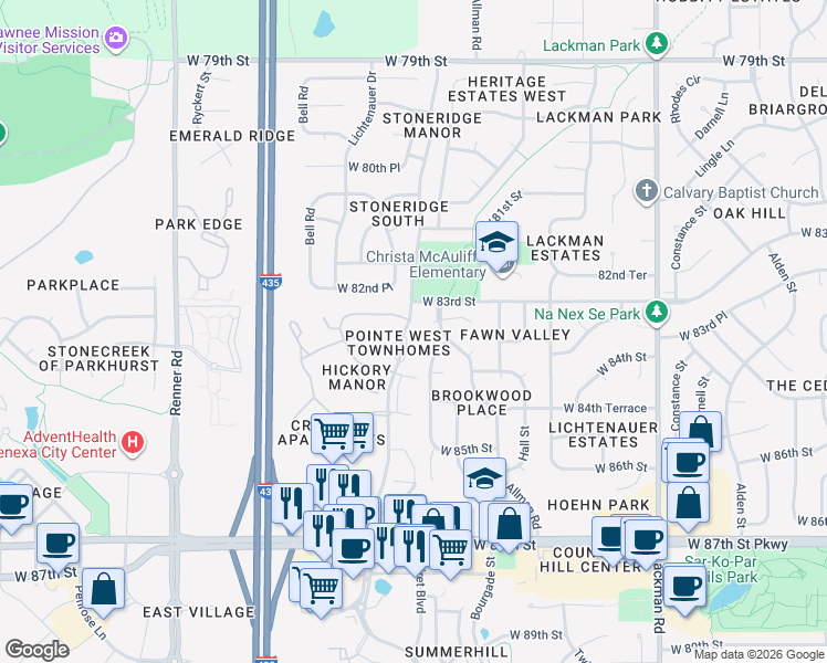 map of restaurants, bars, coffee shops, grocery stores, and more near 8345 Maurer Road in Lenexa
