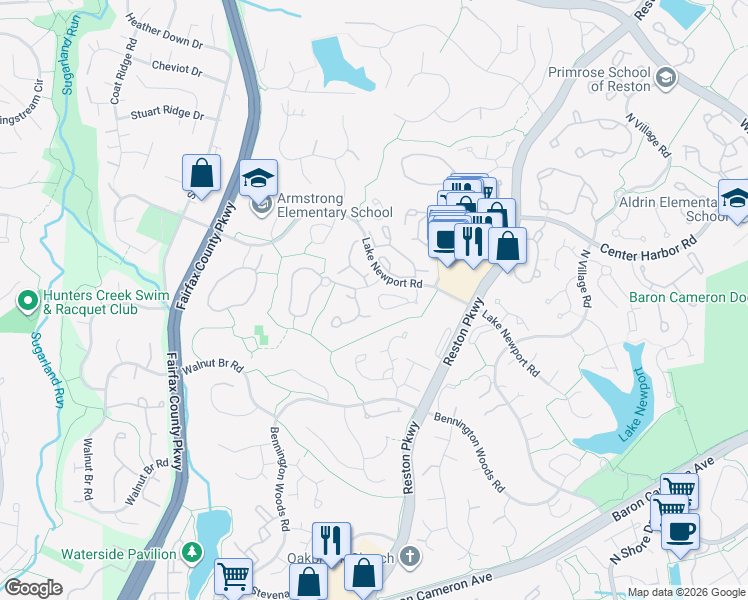 map of restaurants, bars, coffee shops, grocery stores, and more near 11747 Arbor Glen Way in Reston