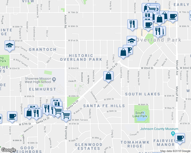 map of restaurants, bars, coffee shops, grocery stores, and more near 8337 Goodman Street in Overland Park