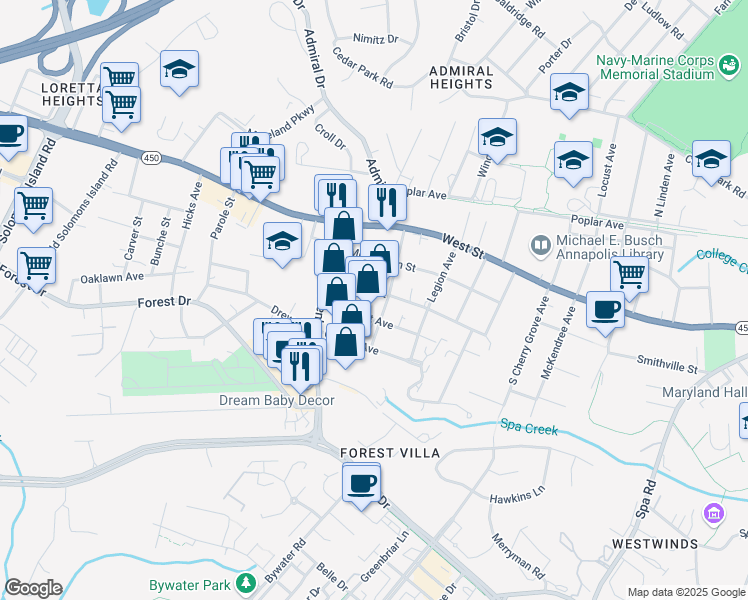 map of restaurants, bars, coffee shops, grocery stores, and more near 1805D Virginia Street in Annapolis