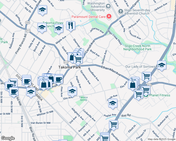 map of restaurants, bars, coffee shops, grocery stores, and more near 7114 Woodland Avenue in Takoma Park