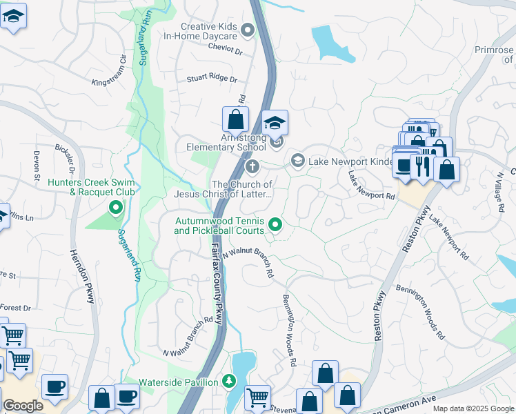 map of restaurants, bars, coffee shops, grocery stores, and more near 1571 Poplar Grove Drive in Reston