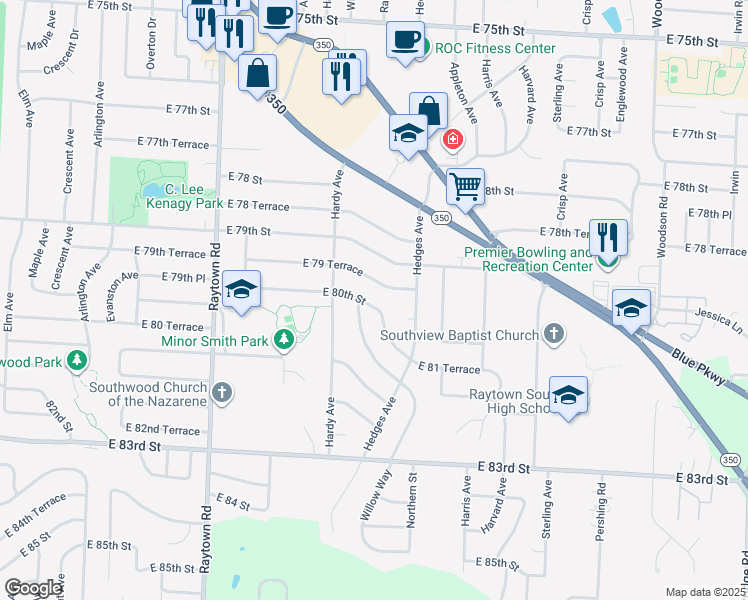 map of restaurants, bars, coffee shops, grocery stores, and more near 10504 East 80th Street in Raytown