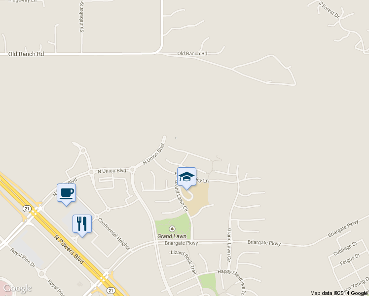 map of restaurants, bars, coffee shops, grocery stores, and more near 4892 Alberta Falls Way in Colorado Springs