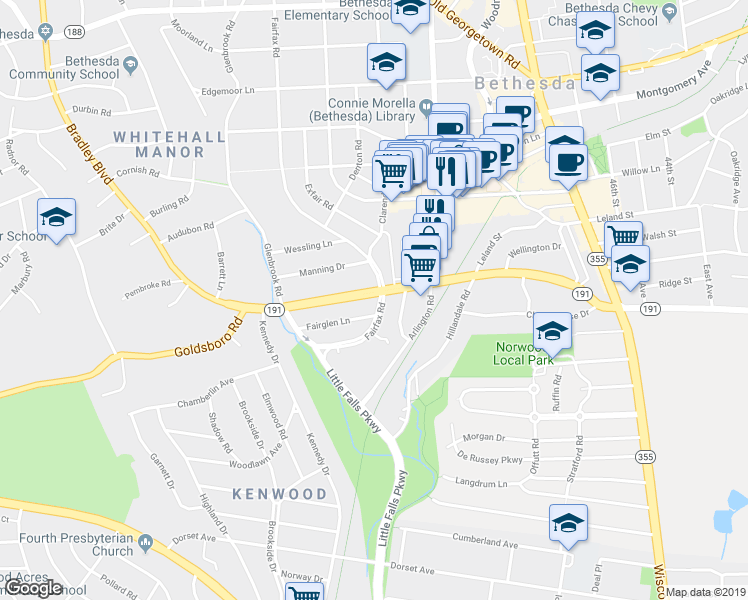 map of restaurants, bars, coffee shops, grocery stores, and more near 5100 Fairfax Road in Chevy Chase
