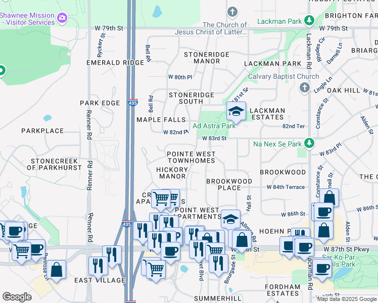 map of restaurants, bars, coffee shops, grocery stores, and more near 8350 Maurer Road in Lenexa