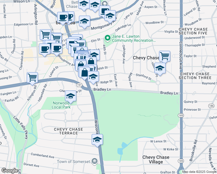 map of restaurants, bars, coffee shops, grocery stores, and more near 4413 Bradley Lane in Chevy Chase