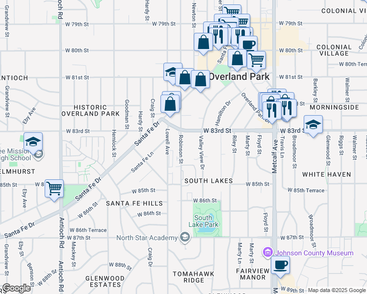 map of restaurants, bars, coffee shops, grocery stores, and more near 8333 Robinson Street in Overland Park
