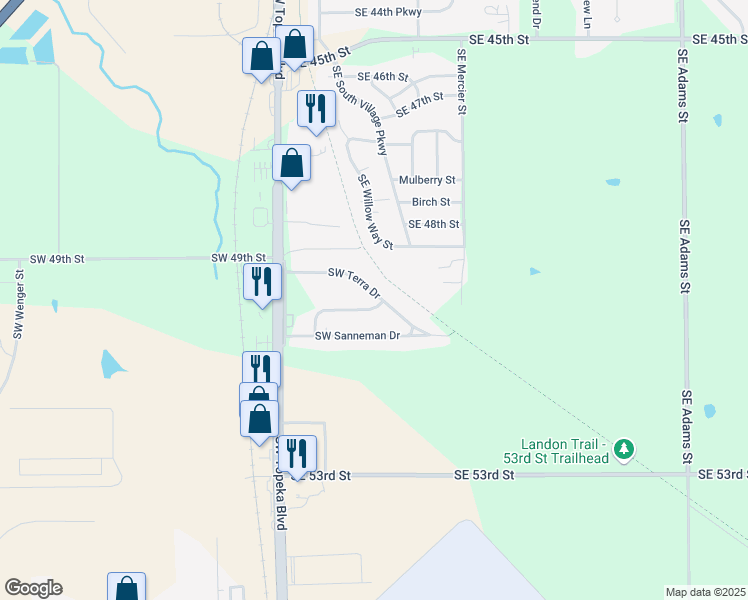 map of restaurants, bars, coffee shops, grocery stores, and more near 205 Southwest Terra Drive in Topeka
