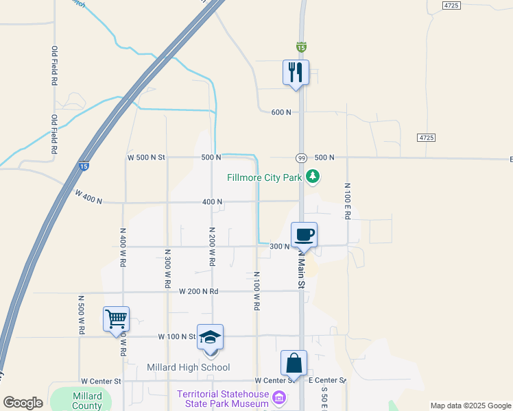 map of restaurants, bars, coffee shops, grocery stores, and more near 390 North 100 West Street in Fillmore