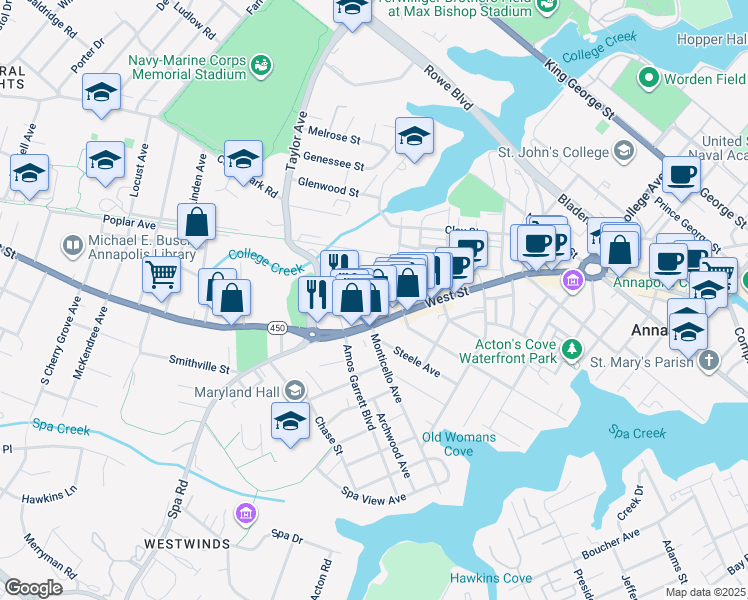 map of restaurants, bars, coffee shops, grocery stores, and more near 14 Jefferson Place in Annapolis