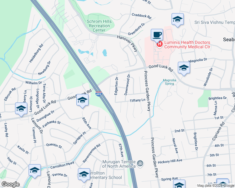 map of restaurants, bars, coffee shops, grocery stores, and more near 6509 Edgerton Drive in Lanham