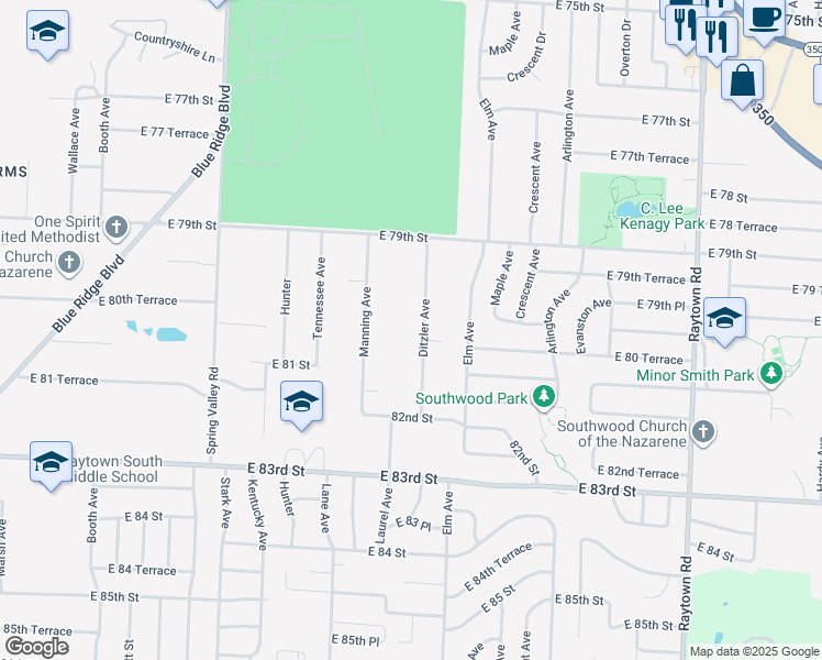 map of restaurants, bars, coffee shops, grocery stores, and more near 8020 Ditzler Avenue in Raytown