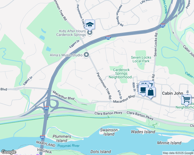 map of restaurants, bars, coffee shops, grocery stores, and more near 6706 Persimmon Tree Road in Bethesda