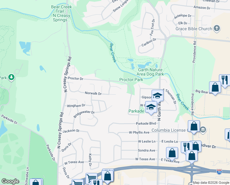 map of restaurants, bars, coffee shops, grocery stores, and more near 605 Norwalk Drive in Columbia