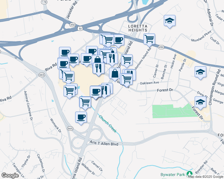 map of restaurants, bars, coffee shops, grocery stores, and more near 108 Old Solomons Island Road in Annapolis