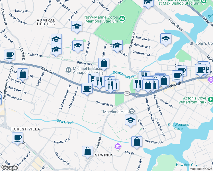 map of restaurants, bars, coffee shops, grocery stores, and more near 21 Woodlawn Avenue in Annapolis