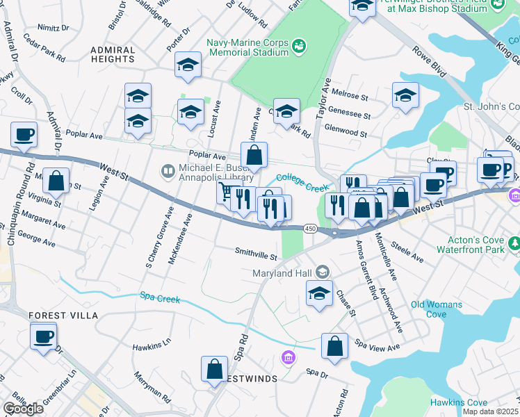 map of restaurants, bars, coffee shops, grocery stores, and more near 21 Woodlawn Avenue in Annapolis