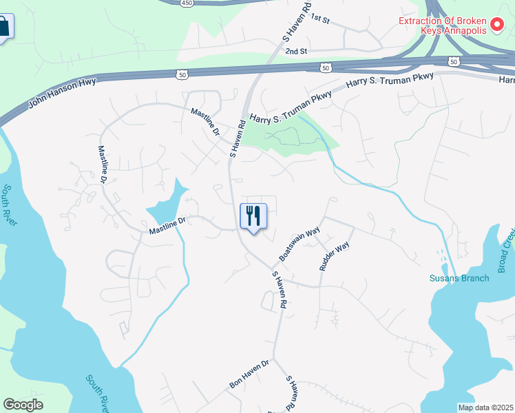 map of restaurants, bars, coffee shops, grocery stores, and more near 2608 Rigging Drive in Annapolis