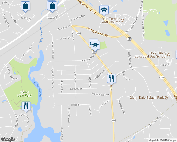 map of restaurants, bars, coffee shops, grocery stores, and more near 3300 Edge Ave in Glenn Dale