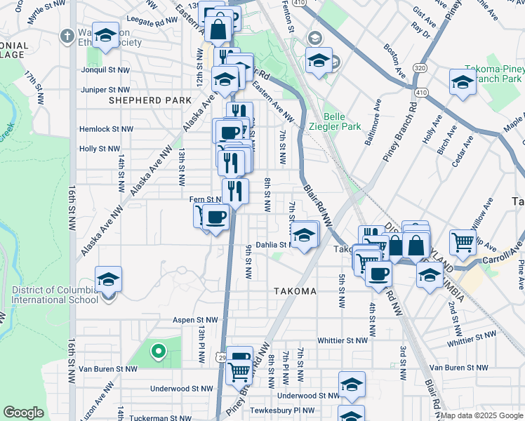 map of restaurants, bars, coffee shops, grocery stores, and more near 7200 8th Street Northwest in Washington