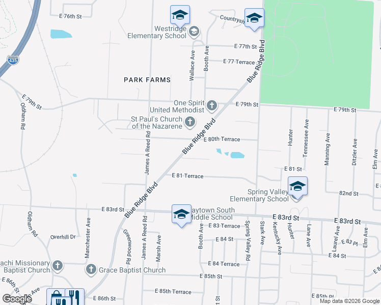 map of restaurants, bars, coffee shops, grocery stores, and more near 8021 Blue Ridge Boulevard in Raytown