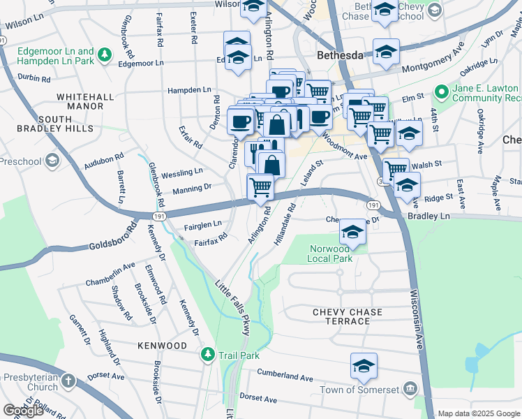 map of restaurants, bars, coffee shops, grocery stores, and more near 5000 Bradley Boulevard in Chevy Chase