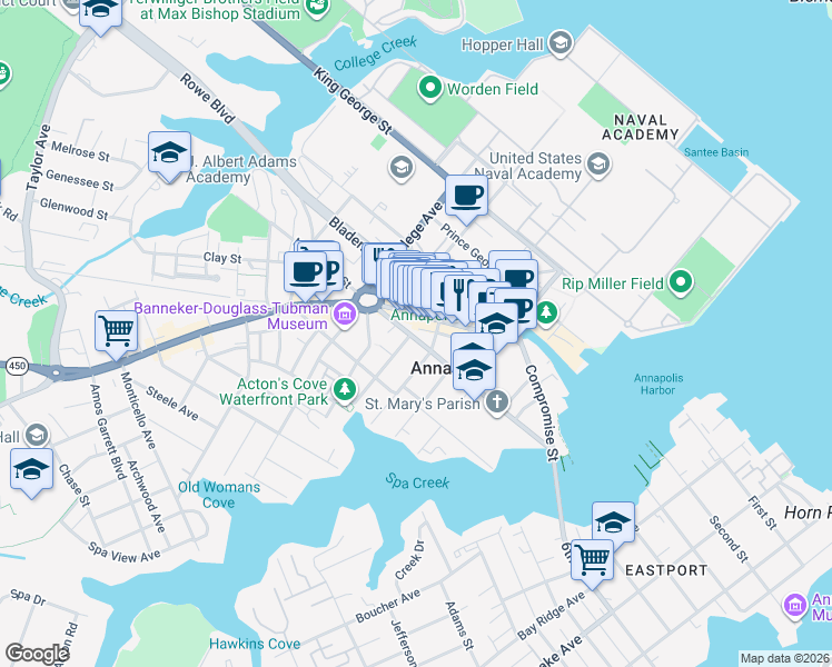 map of restaurants, bars, coffee shops, grocery stores, and more near 192 Duke of Gloucester Street in Annapolis