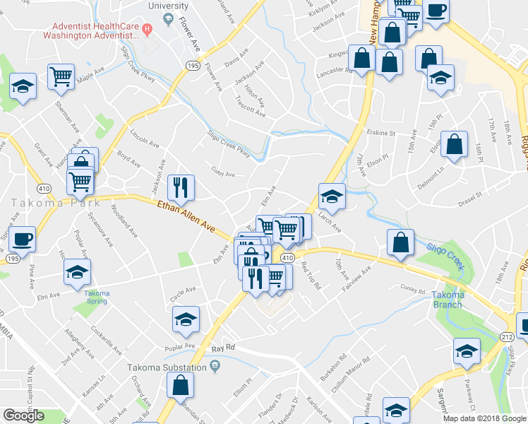 map of restaurants, bars, coffee shops, grocery stores, and more near 901 Elm Avenue in Takoma Park